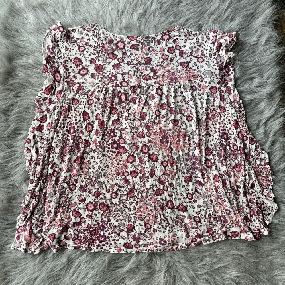 RXB Blouse Sz XL Cream Pink Floral Scoop Neck Short Flutter Sleeve Top Summer - Picture 6 of 8